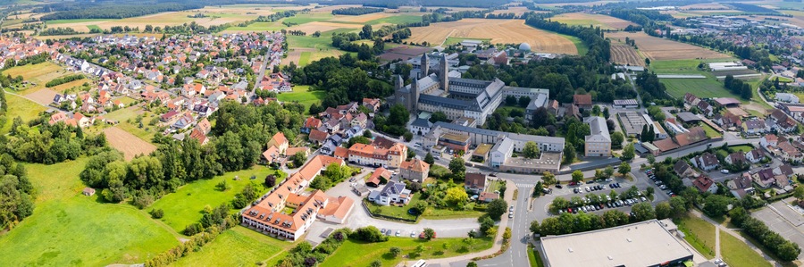 Aerial view around the old town in the city Schwarzach am Main, on an sunny spring morning