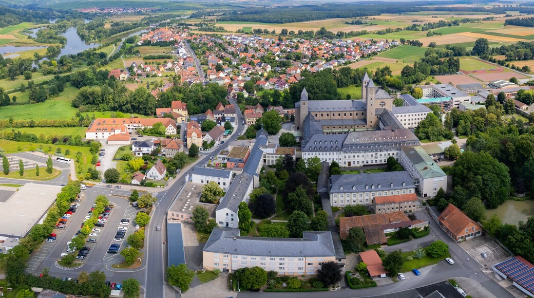Aerial view around the old town in the city Schwarzach am Main, on an sunny spring morning