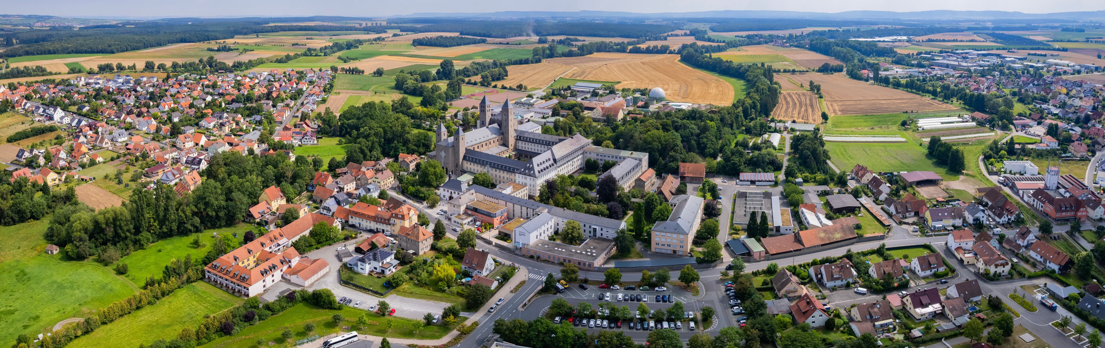 Aerial view around the old town in the city  Schwarzach am Main, on an sunny spring morning