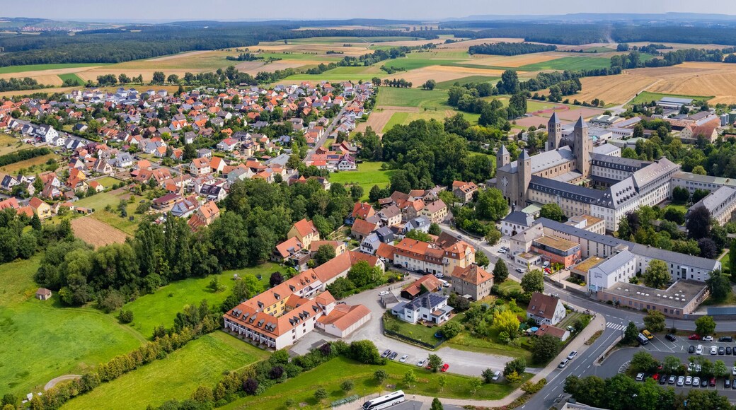 Aerial view around the old town in the city Schwarzach am Main, on an sunny spring morning