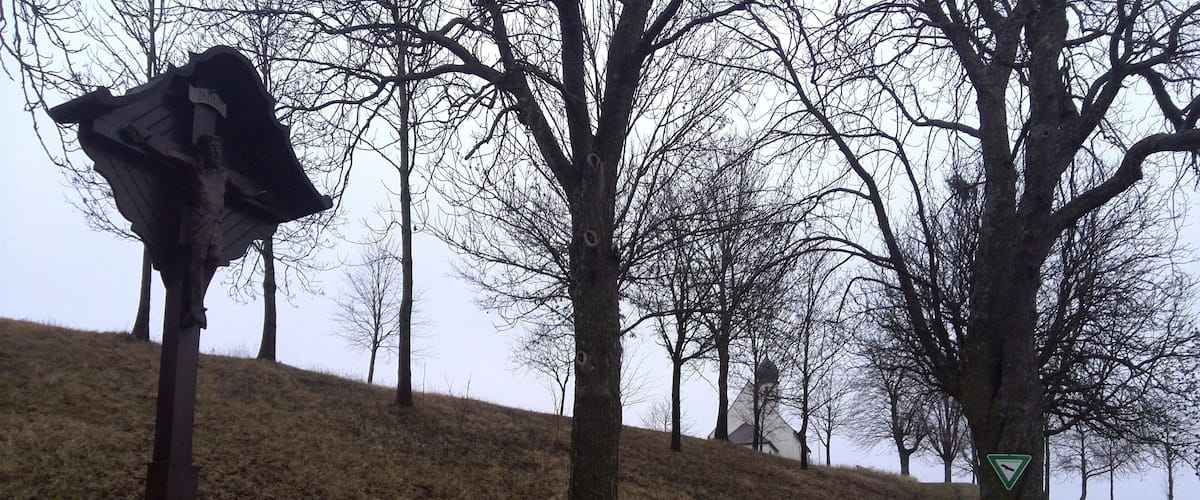 A hill with a windmill, a triangular warning sign, and leafless trees.