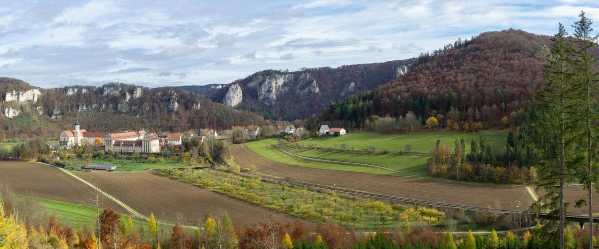 A rural landscape with fields, a large building with a red roof, and a forested mountain range.