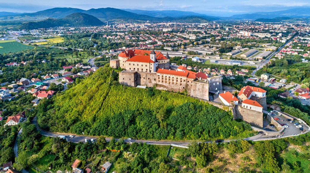 Aerial view of the Palanok Castle in Mukachevo, Ukraine