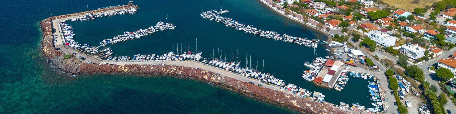 Candarli - Turkey, Ancient, old castle view with aerial drone. Now the castle in Candarli district of Izmir; Candarli Kalesi - Turkey