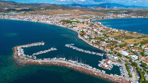 Candarli - Turkey, Ancient, old castle view with aerial drone. Now the castle in Candarli district of Izmir; Candarli Kalesi - Turkey