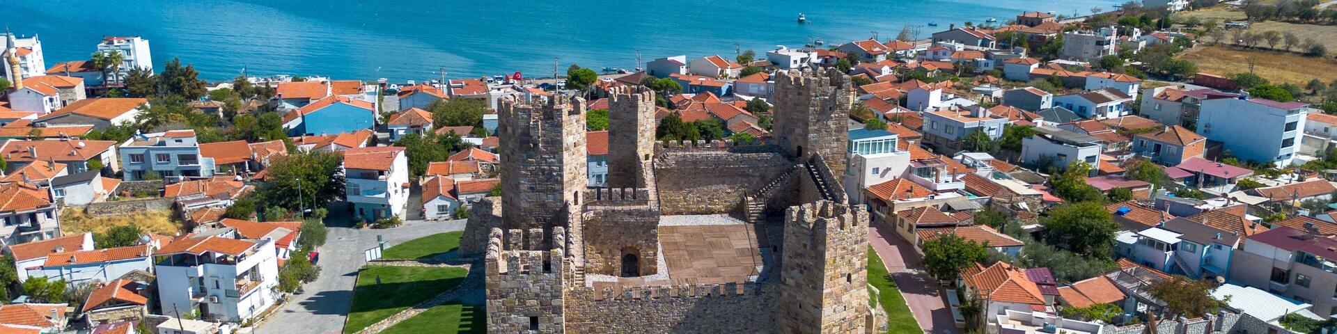 Candarli - Turkey, September 12, 2025, Ancient, old castle view with aerial drone. Now the castle in Candarli district of Izmir; Candarli Kalesi - Turkey