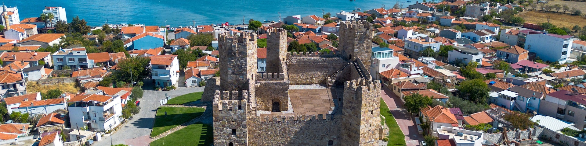Candarli - Turkey, September 12, 2025, Ancient, old castle view with aerial drone. Now the castle in Candarli district of Izmir; Candarli Kalesi - Turkey