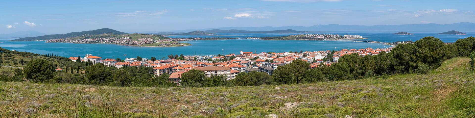 Panoramic view of Cunda Island from Heaven Hill (Cennet Tepesi in Tukish), Ayvalik, Balikesir, Turkey