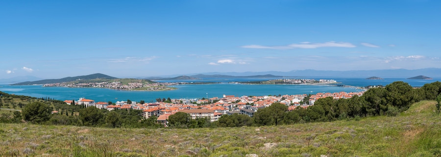 Panoramic view of Cunda Island from Heaven Hill (Cennet Tepesi in Tukish), Ayvalik, Balikesir, Turkey
