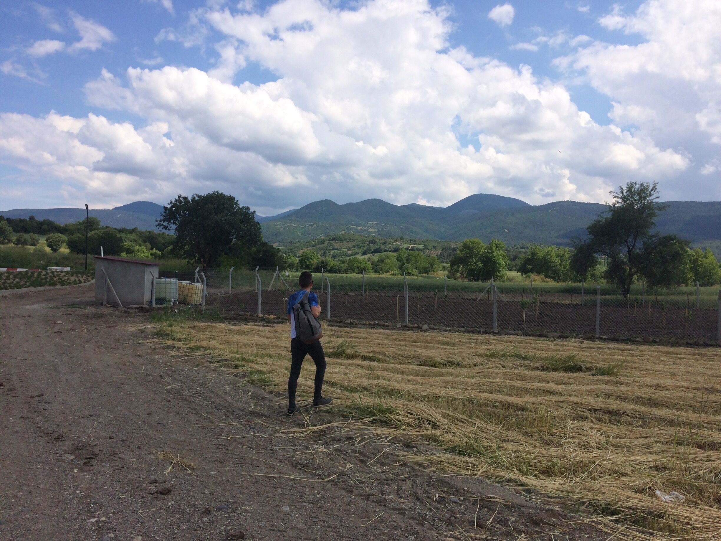 A rural landscape with a dirt path, a small building, a fenced field, and mountains in the background.