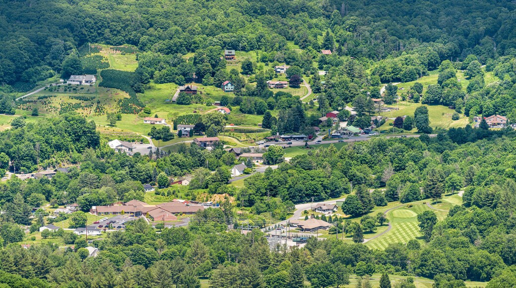 Cityscape high angle above view of Banner Elk town city in summer in North Carolina in Blue Ridge Appalachia viewed from Sugar Mountain ski resort