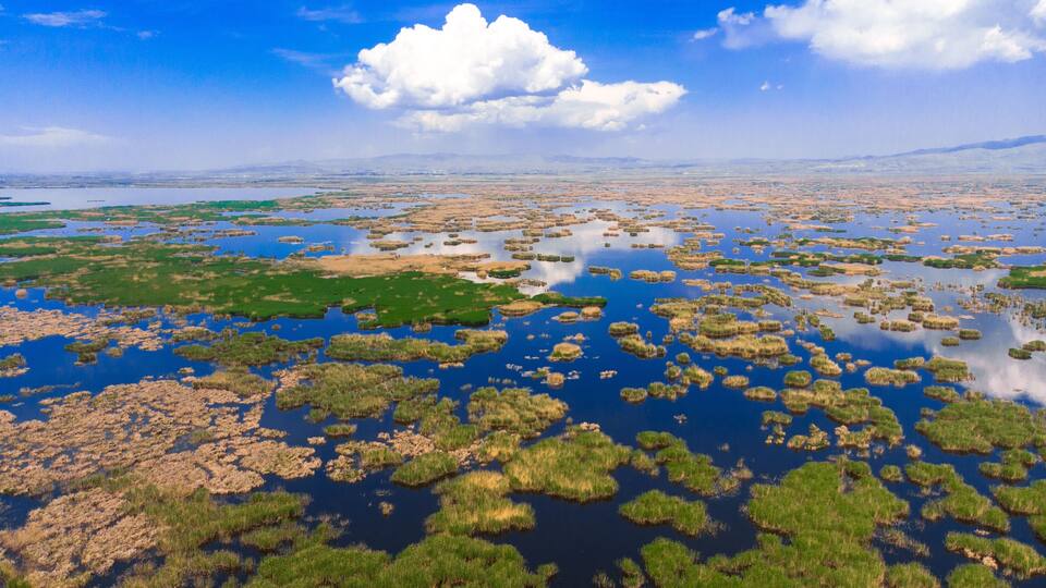 A vast wetland with numerous small islands and patches of green vegetation.