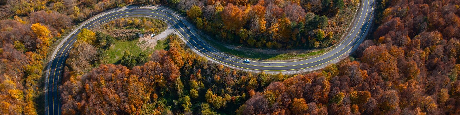 aerial view of inegol domanic road with beautiful autumn colors of nature, Kutahya, Turkey