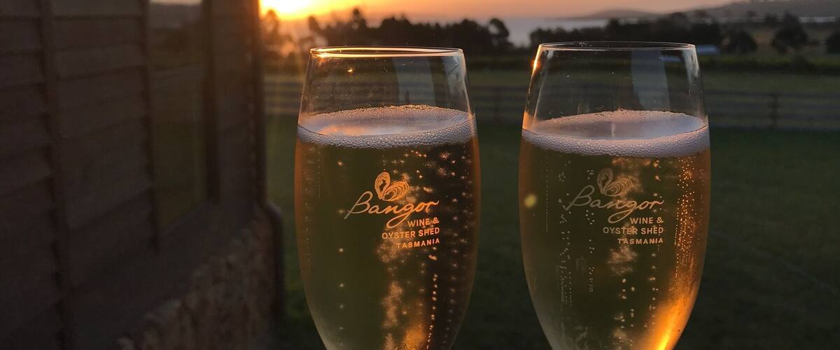 Enjoying a glass of sparkling at sunset at Bangor Wine & Oyster Shed in Dunalley. It's amazing to be able to see the vineyard where the grapes are grown from our seat on the deck. Beyond the vineyard is the ocean, and in it the oyster lease where the oysters are collected daily - total paddock to plate experience #foodiefinds