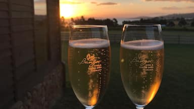 Dois copos de vinho com um pôr do sol ao fundo.