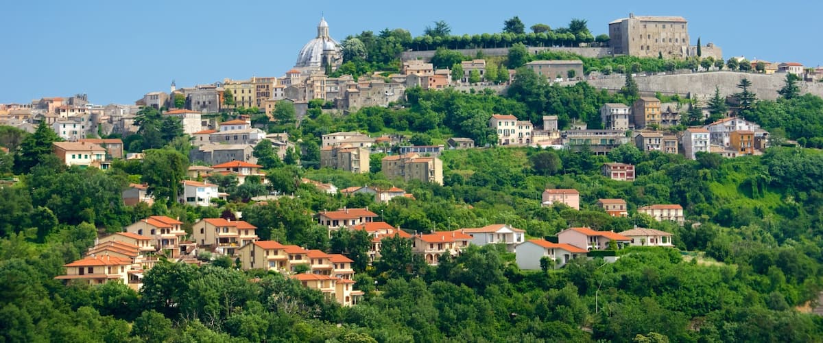 A hillside town with historic architecture, a prominent church, and a castle on a hill.