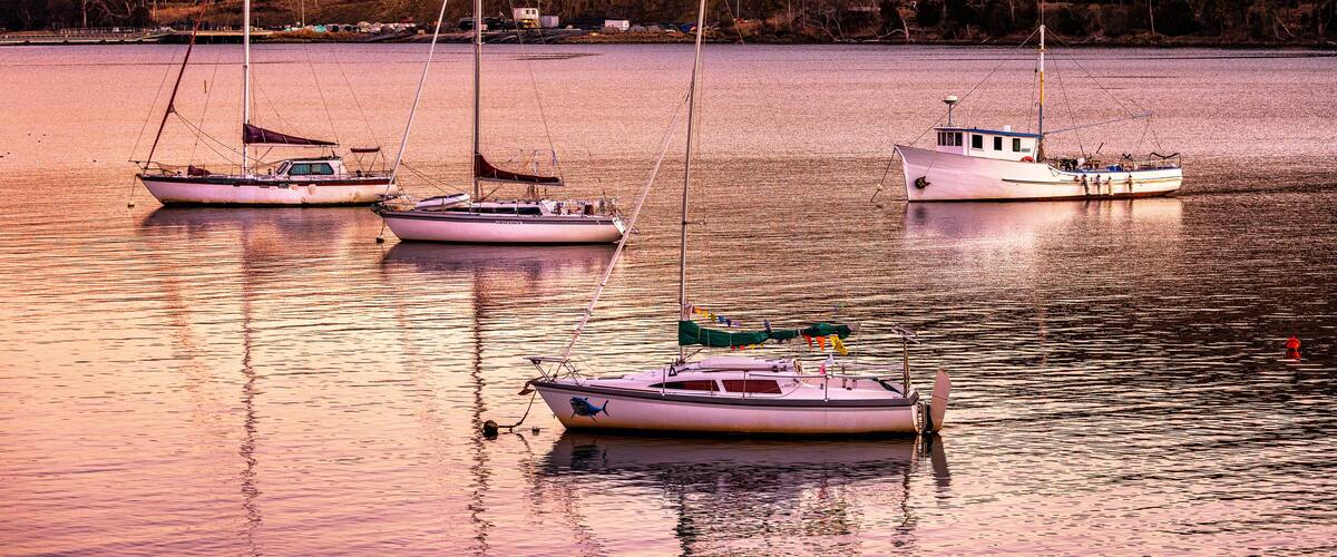 A calm lake with several sailboats anchored near the shore, surrounded by a hilly landscape with sparse vegetation.