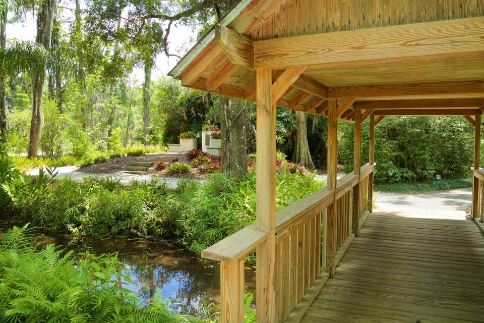 A wooden deck leading to a covered area with a pond and lush greenery.