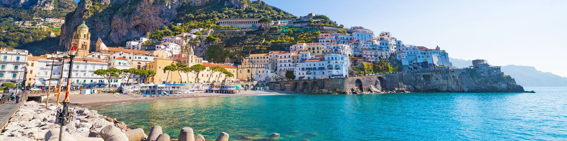 Morning view of beautiful seaside town Amalfi in province of Salerno, region of Campania, Italy. Amalfi coast is popular travel and holyday destination in Europe.