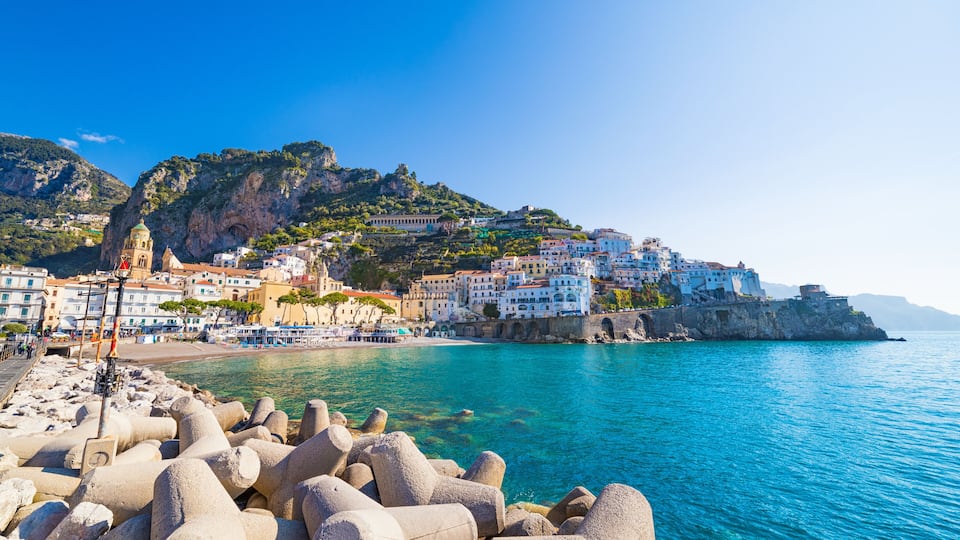 Morning view of beautiful seaside town Amalfi in province of Salerno, region of Campania, Italy. Amalfi coast is popular travel and holyday destination in Europe.