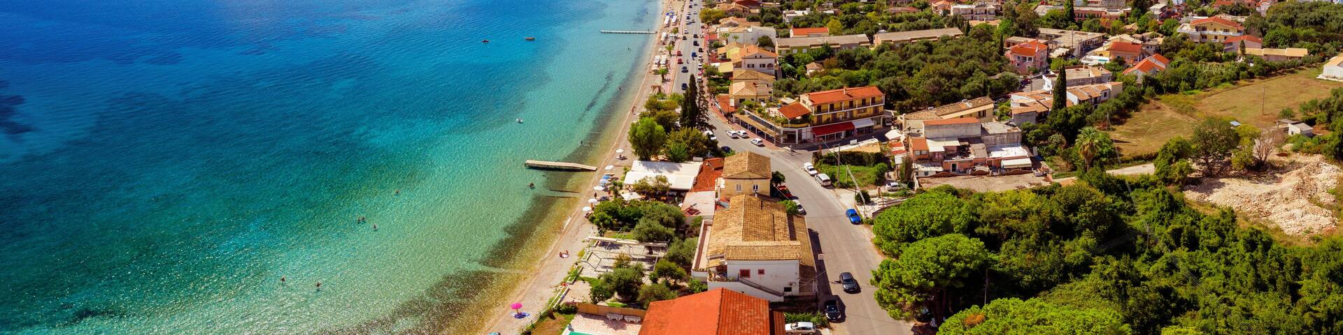 Aerial of greek mediterranean resort town