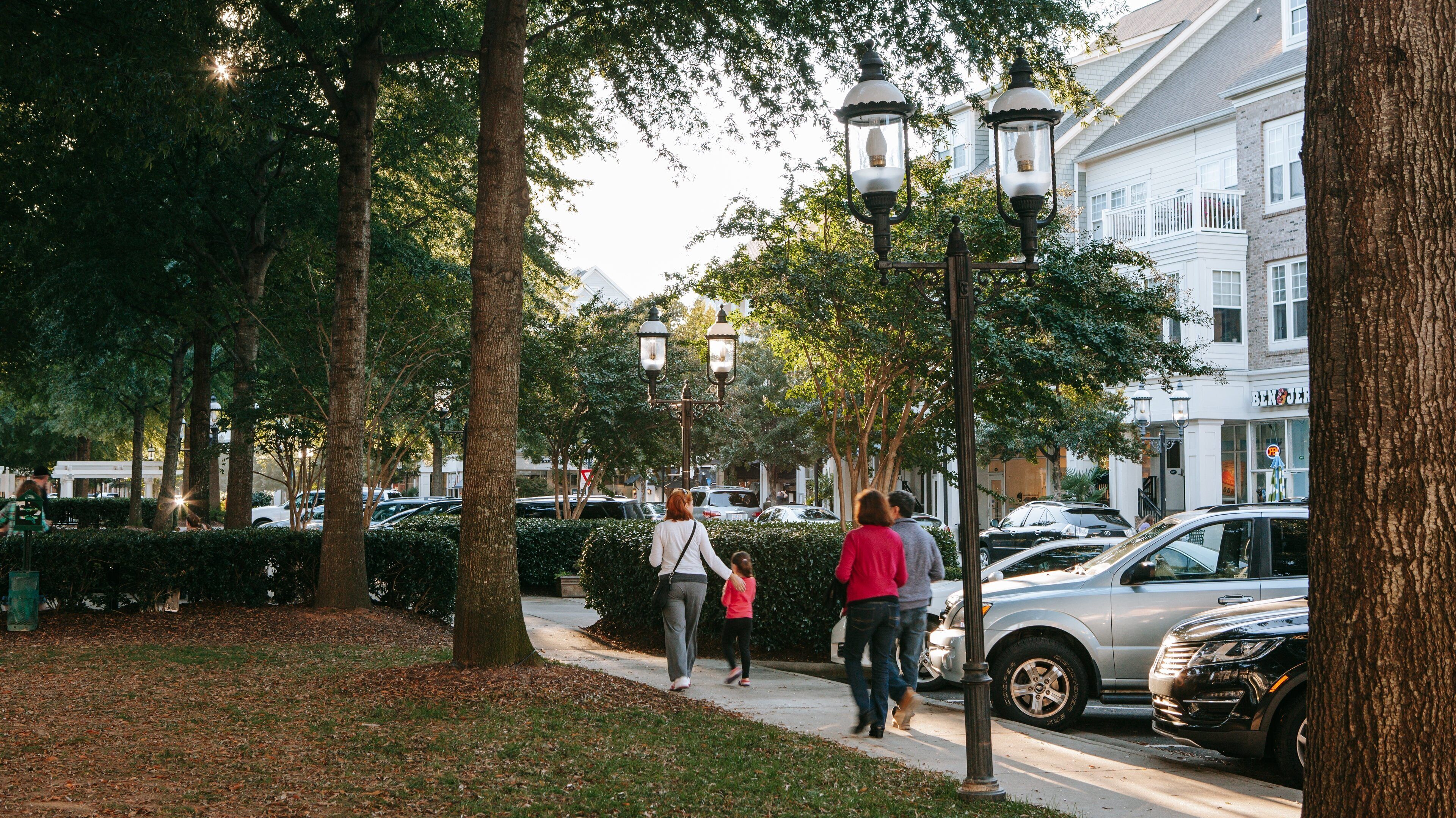 Birkdale Village showing a small town or village and street scenes as well as a family