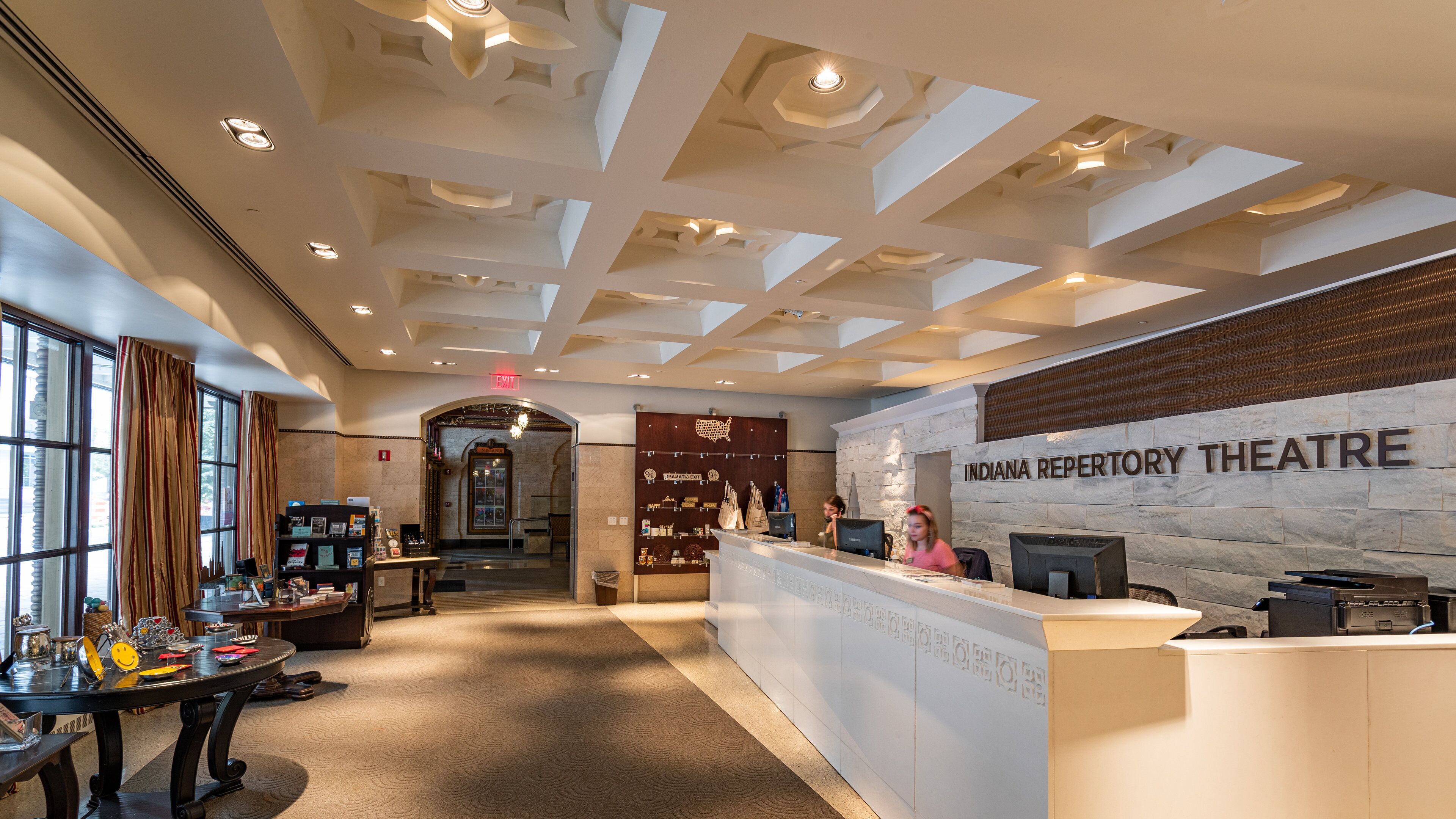 Indiana Repertory Theatre which includes signage and interior views