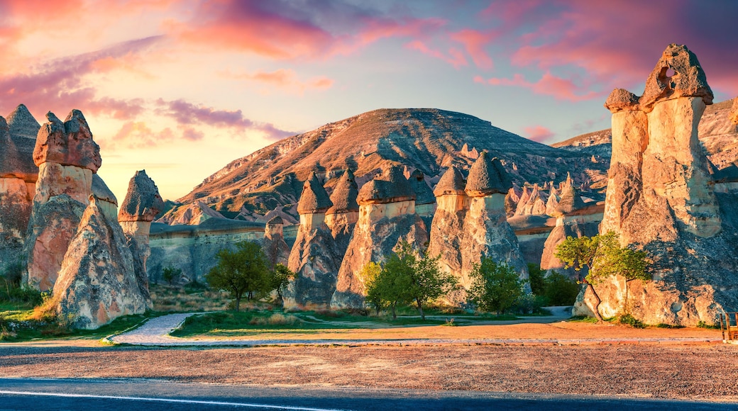 Impressive fungous forms of sandstone in the canyon near Cavusin village, Cappadocia, Nevsehir Province in the Central Anatolia Region of Turkey, Asia. Beauty of nature concept background.