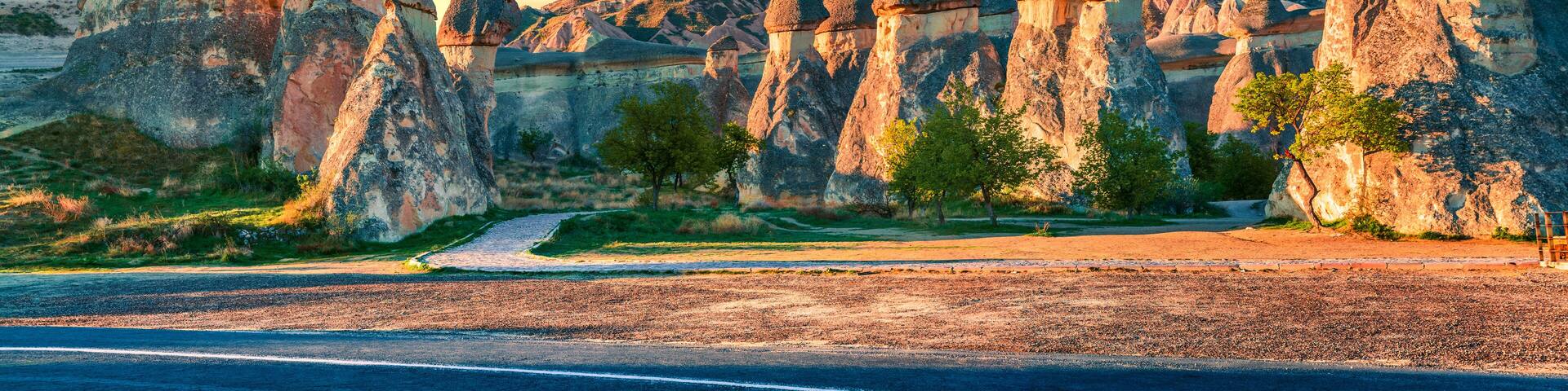 Impressive fungous forms of sandstone in the canyon near Cavusin village, Cappadocia, Nevsehir Province in the Central Anatolia Region of Turkey, Asia. Beauty of nature concept background.