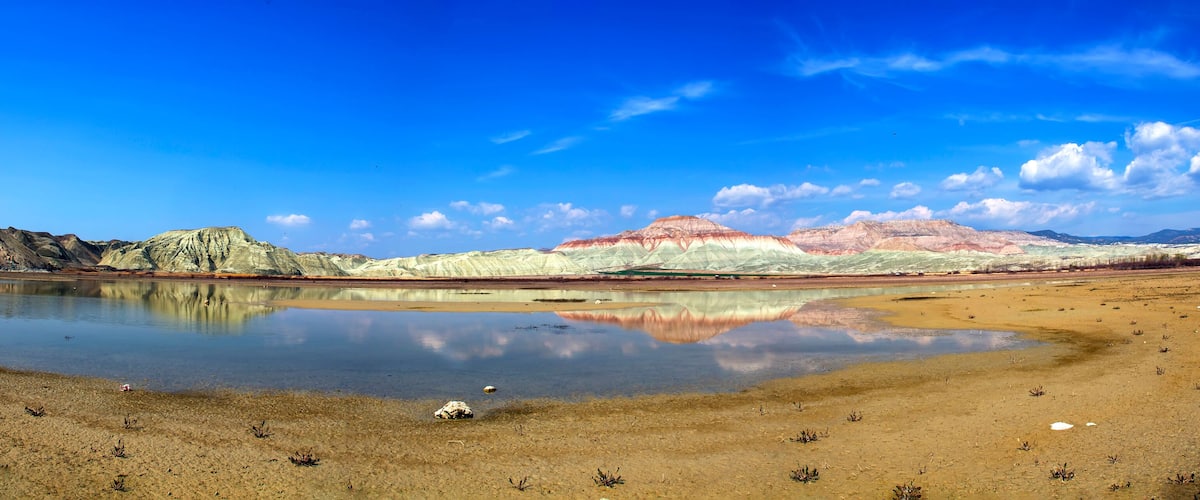 A lake reflecting mountains with a clear sky.
