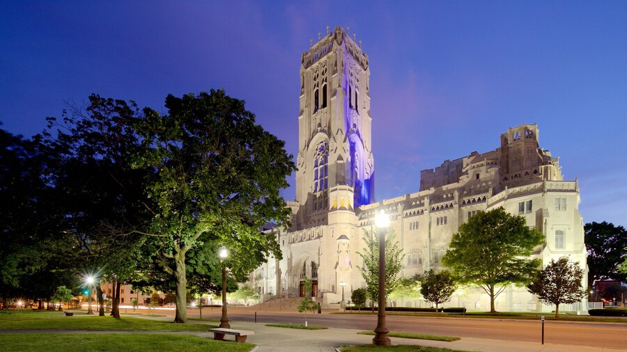 Scottish Rite Cathedral showing heritage architecture, night scenes and a park