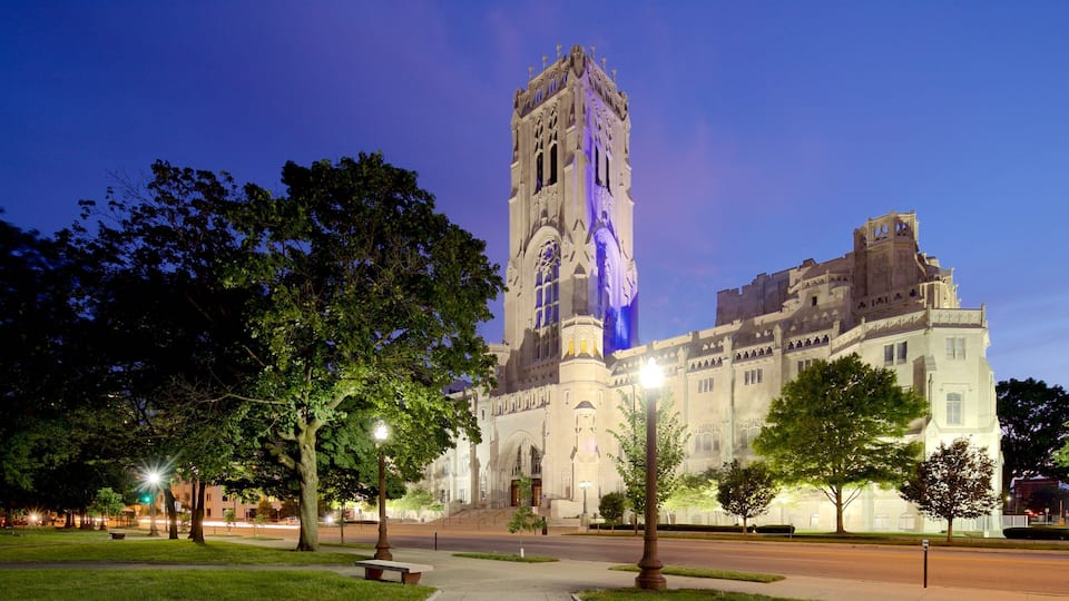 Scottish Rite Cathedral showing heritage architecture, night scenes and a park