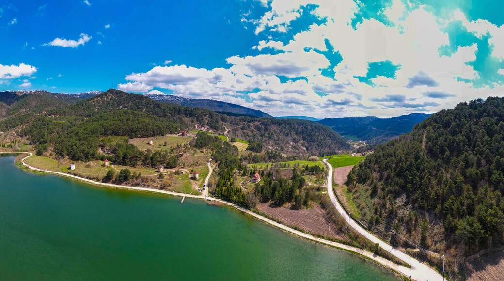Cubuk Lake in Goynuk District of Bolu, Turkey. Beautiful lake view with windmills. Shooting with drone.