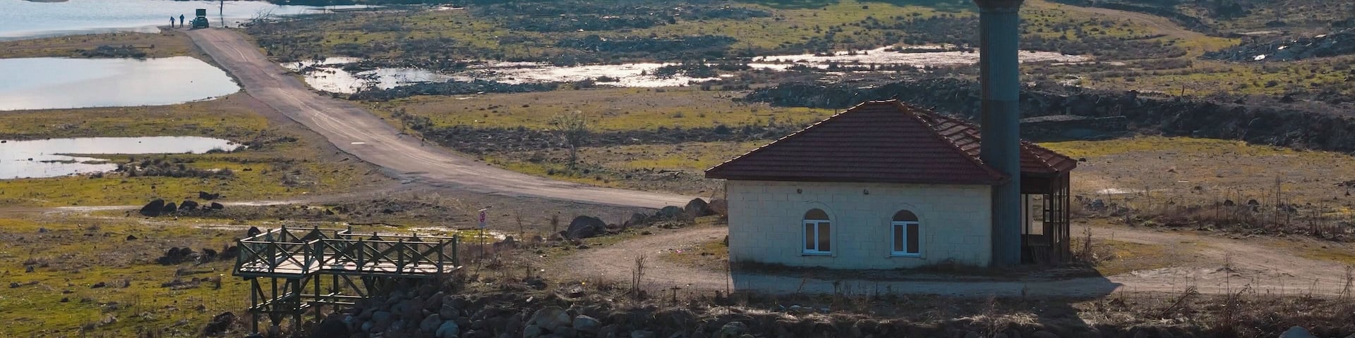 Bolu Seben Lake aerial drone photos mosque landscape trees in the water