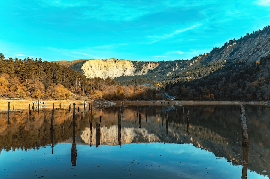 Suluklu Lake in autumn. Photo of the lake view between the mountains. Bolu, Turkey.