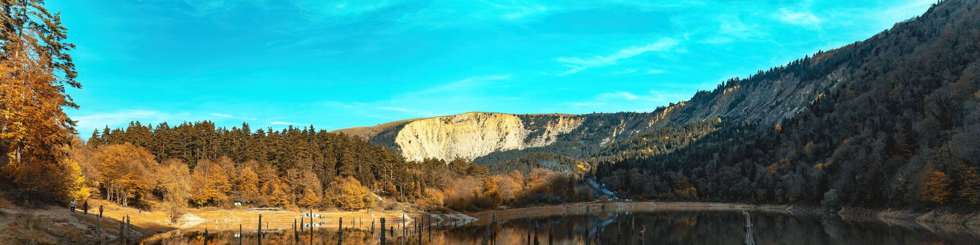 Panoromic view Suluklu Lake in autumn. Photo of the lake view between the mountains. Bolu, Turkey.
