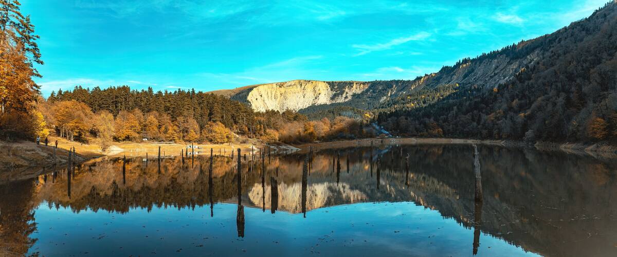 A calm lake reflecting trees and a mountain.