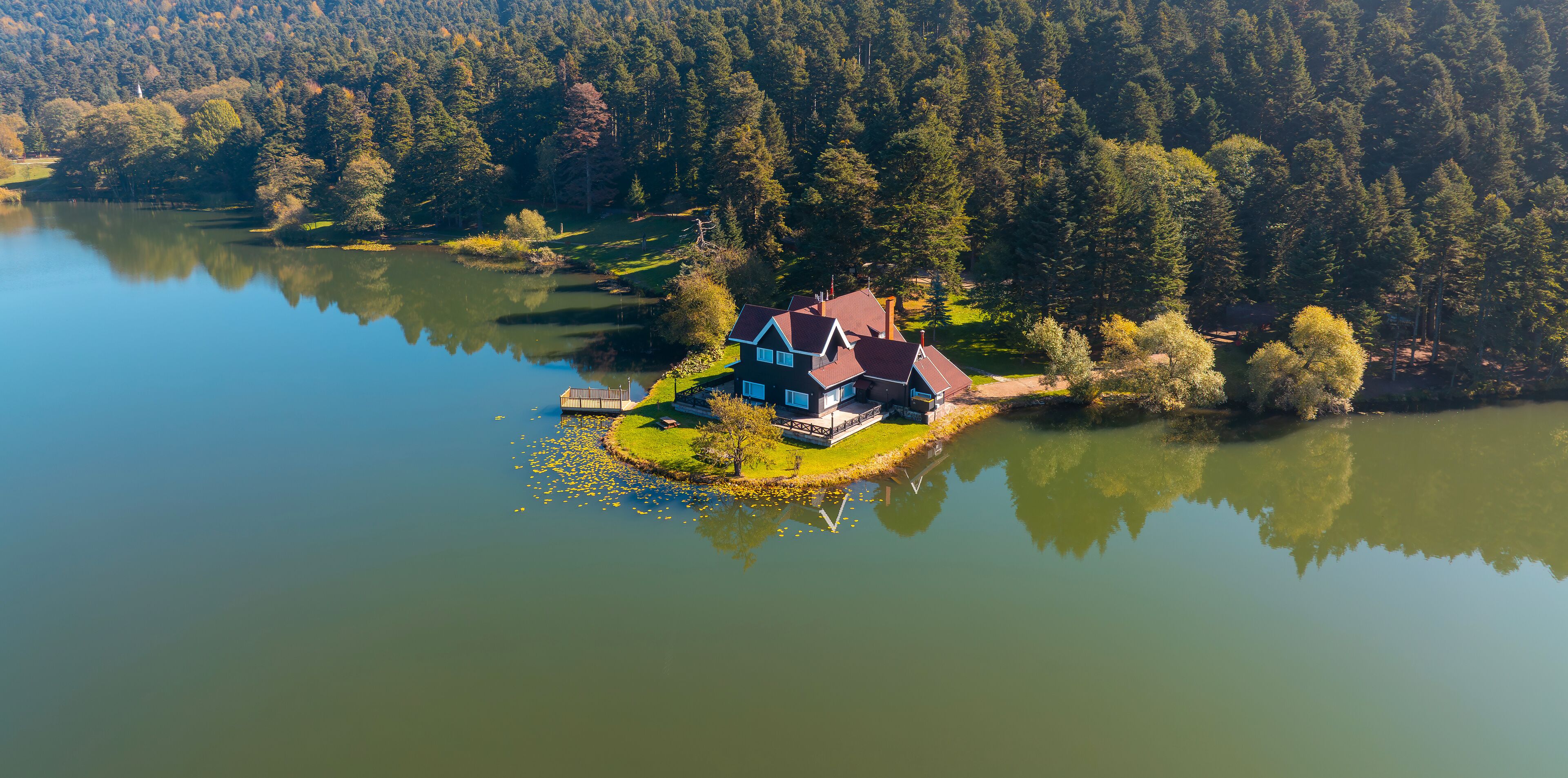 Bolu Golcuk Lake and famous house view with reflections.