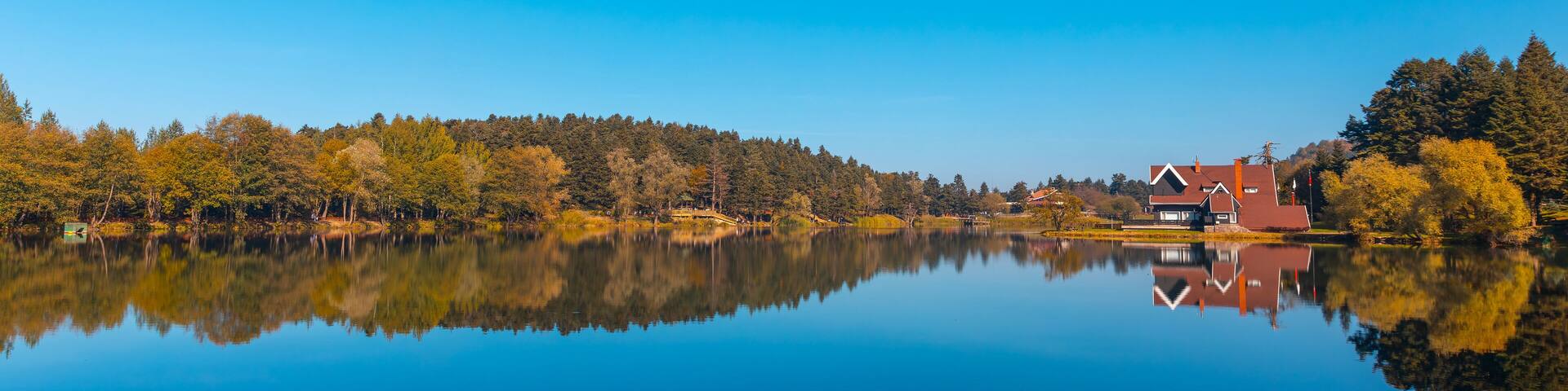 Bolu Golcuk Lake and famous house view with reflections.