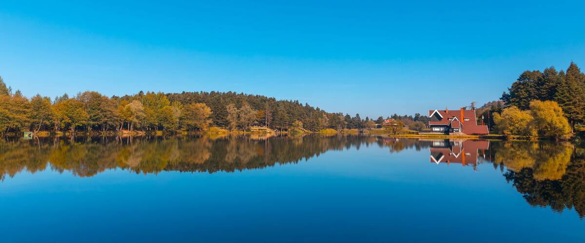 A calm lake with a clear reflection of trees and a house on the right.