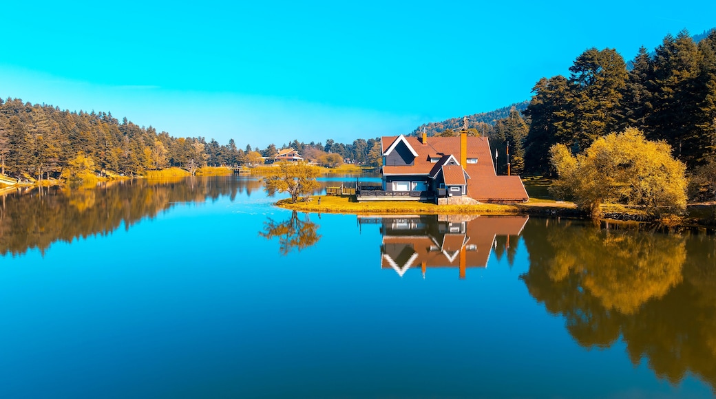Bolu Golcuk Lake and famous house view with reflections.