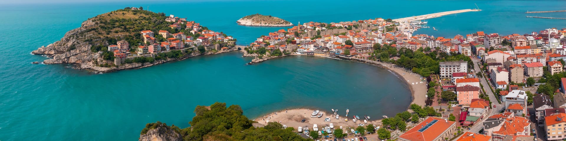 Beautiful cityscape on the mountains over Black-sea, Amasra. Amasra traditional Turkish architecture