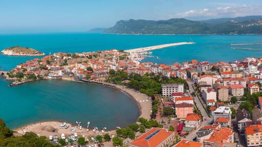 Beautiful cityscape on the mountains over Black-sea, Amasra. Amasra traditional Turkish architecture