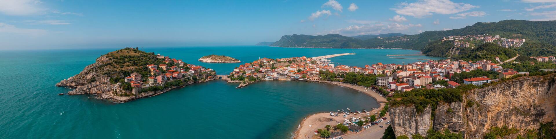 Beautiful cityscape on the mountains over Black-sea, Amasra. Amasra traditional Turkish architecture