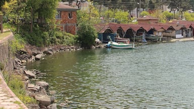 A river with boats, a brick building, and houses on a hillside.