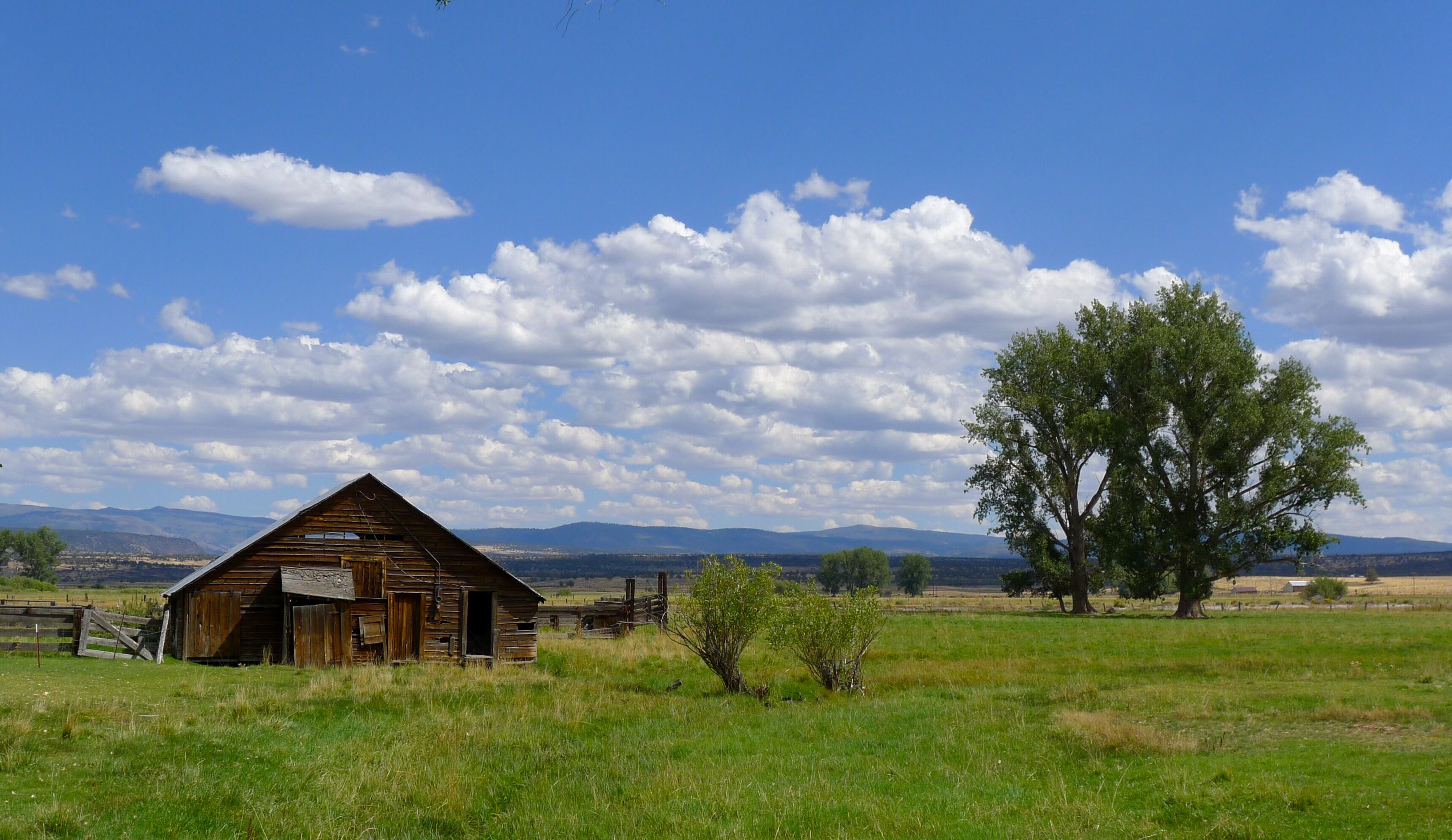 Beautiful decrepit wood barn under the blue skies of rural Northern California in the Warner Mountains