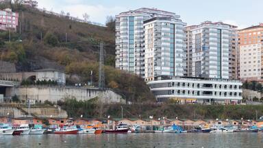Arakli harbor, Trabzon, Turkey. Coastal view with modern buildings