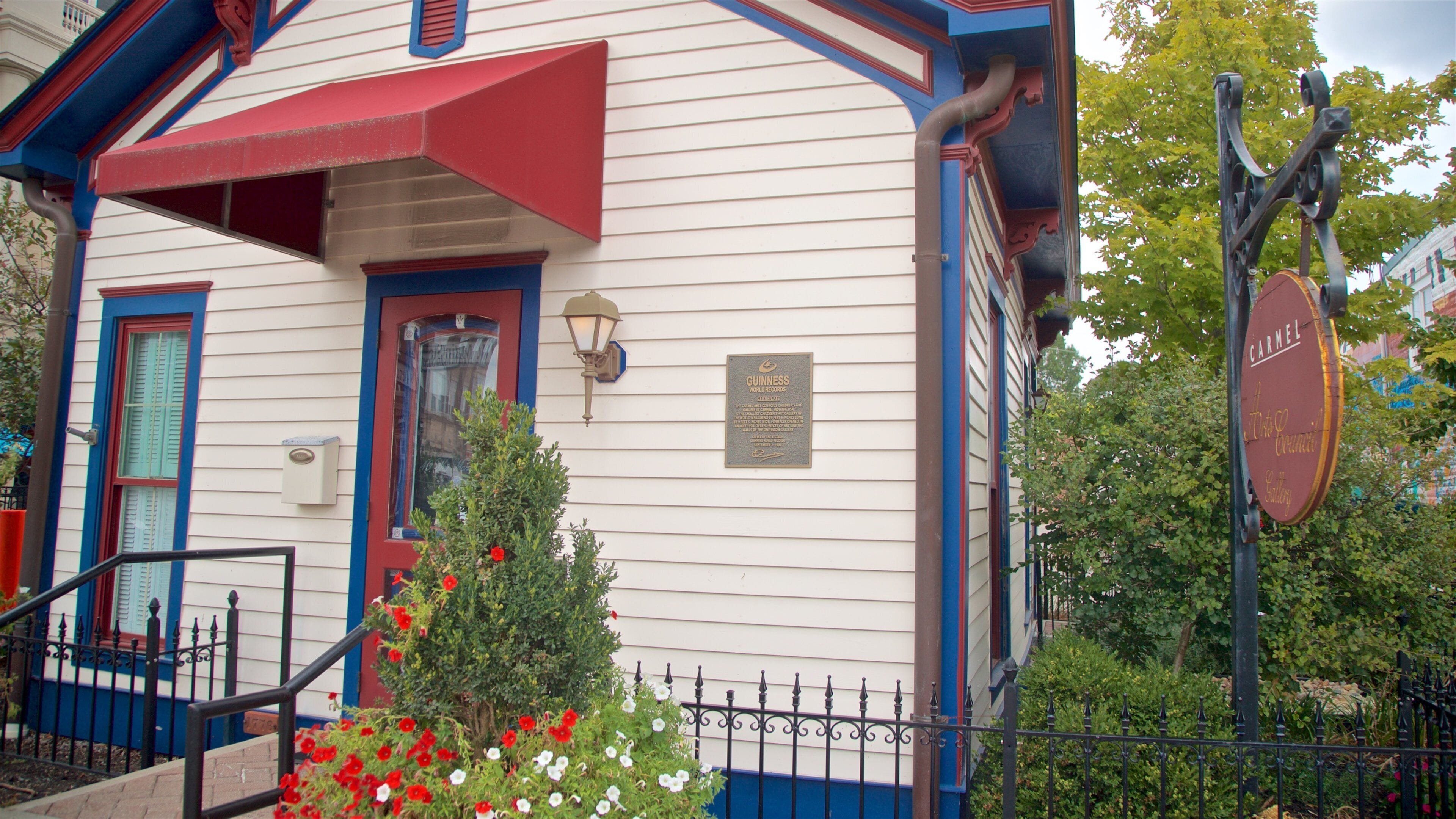 Carmel Arts and Design District featuring signage and wild flowers