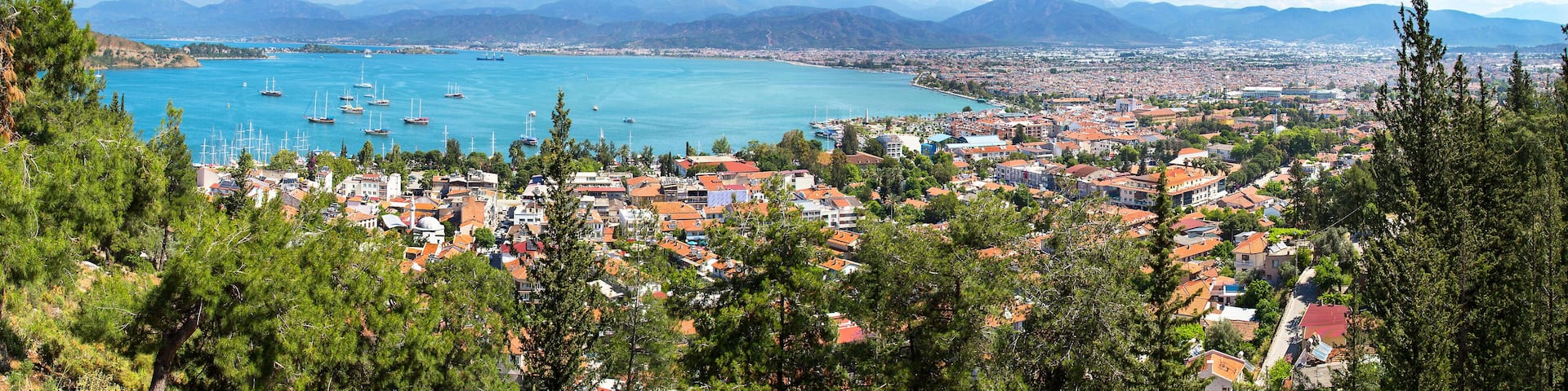 Panoramic aerial view of Fethiye marine and city center in Mugla province, Turkey, 2015