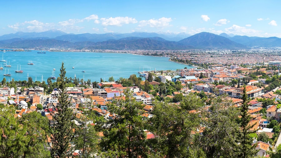 Panoramic aerial view of Fethiye marine and city center in Mugla province, Turkey, 2015